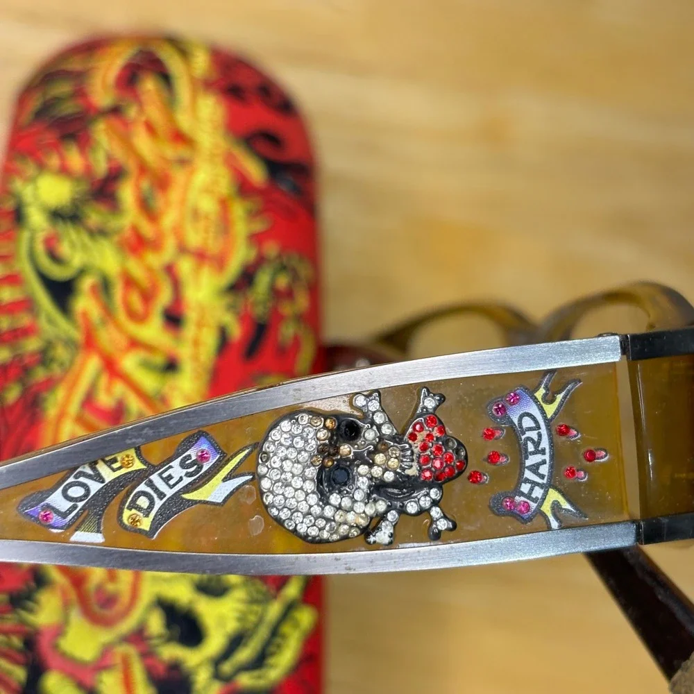 Ed Hardy Eyeglass Frames Women 52-16-140 Sky Amber Rhinestone Skull EH0712